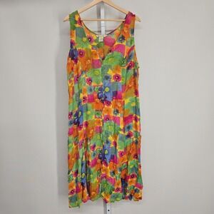 Vintage‎ Partners Airstream Women's Floral Print Midi Dress L Rayon Button Front